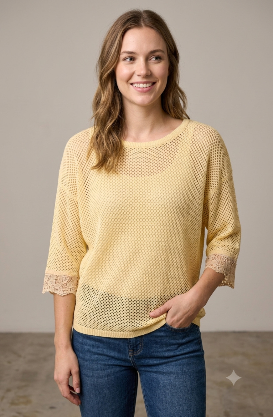 Zara Yellow Open Knit 3/4 Length Sleeve Lace Cotton Sweater Women Medium